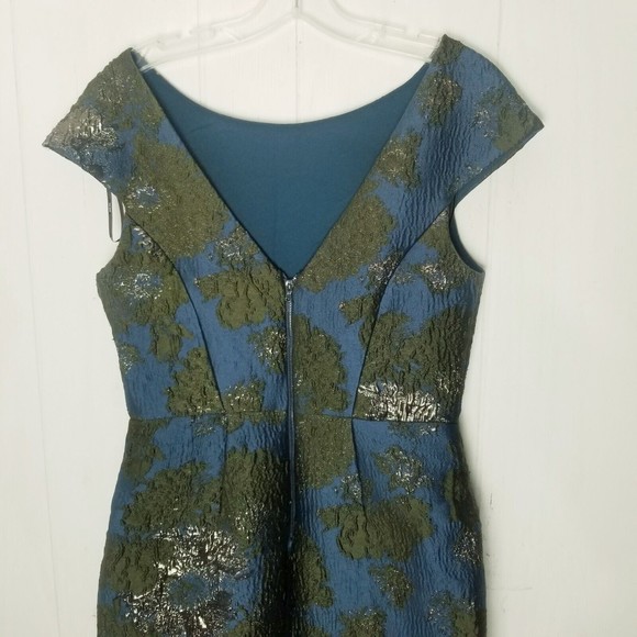Vera Wang Brocade Dress Women Size 6 Dark Teal Green Metallic V-cut Back Lined - Picture 11 of 16